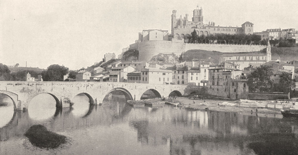 HÉRAULT. Béziers. L'orb et la Cathédrale 1900 old antique print picture